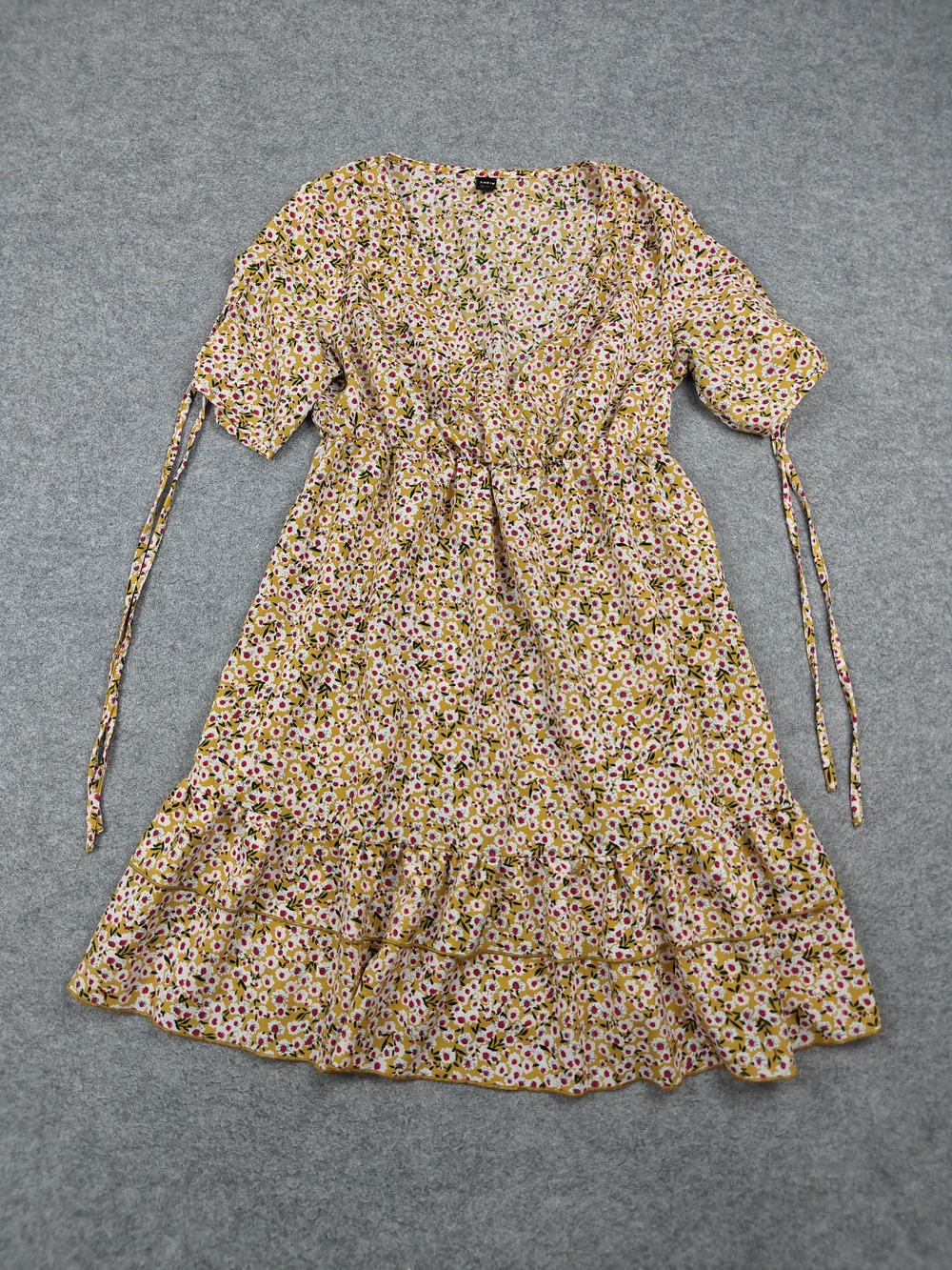 SheIn Dress Womens Small Yellow Floral Wrap Fit & Flare Short Puff Sleeve